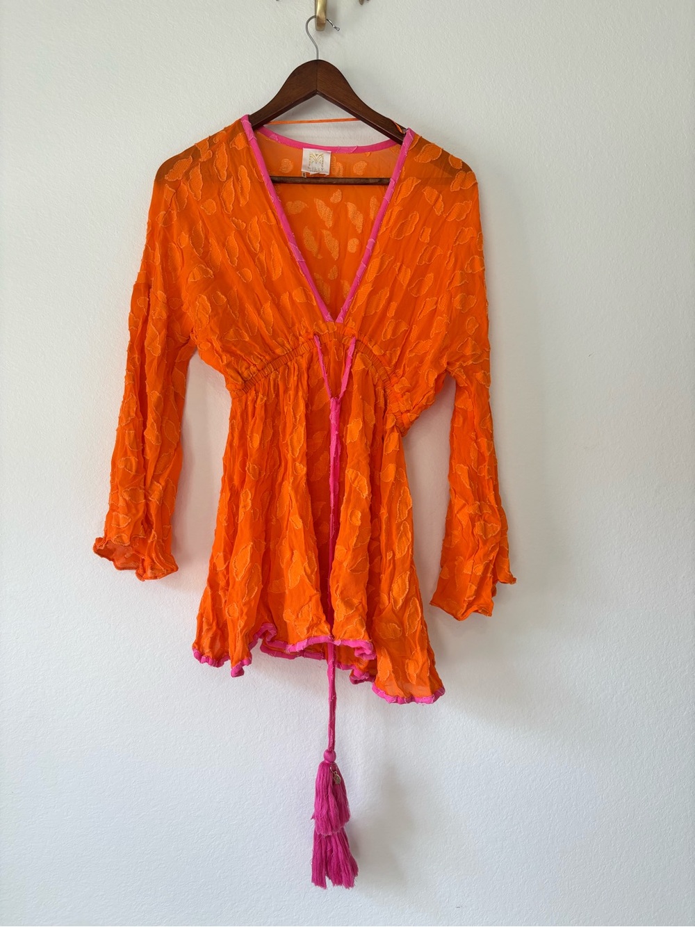 Milly Bright Orange Mini Dress with Pink Trim and Tassel Tie